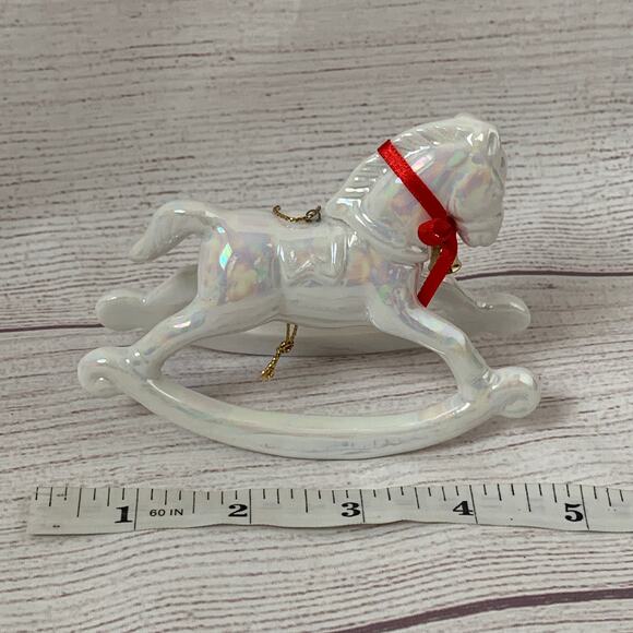 White Iridescent Rocking Horse Ornament with Red Bow and Bell 3 1/4" Tall - Picture 10 of 16
